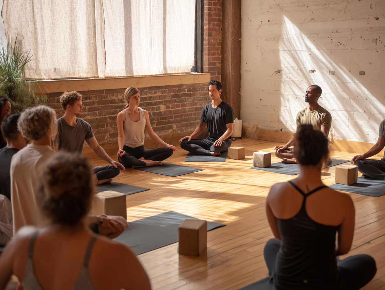 Інструктори brastion різного віку демонструють йогу в затишній студії